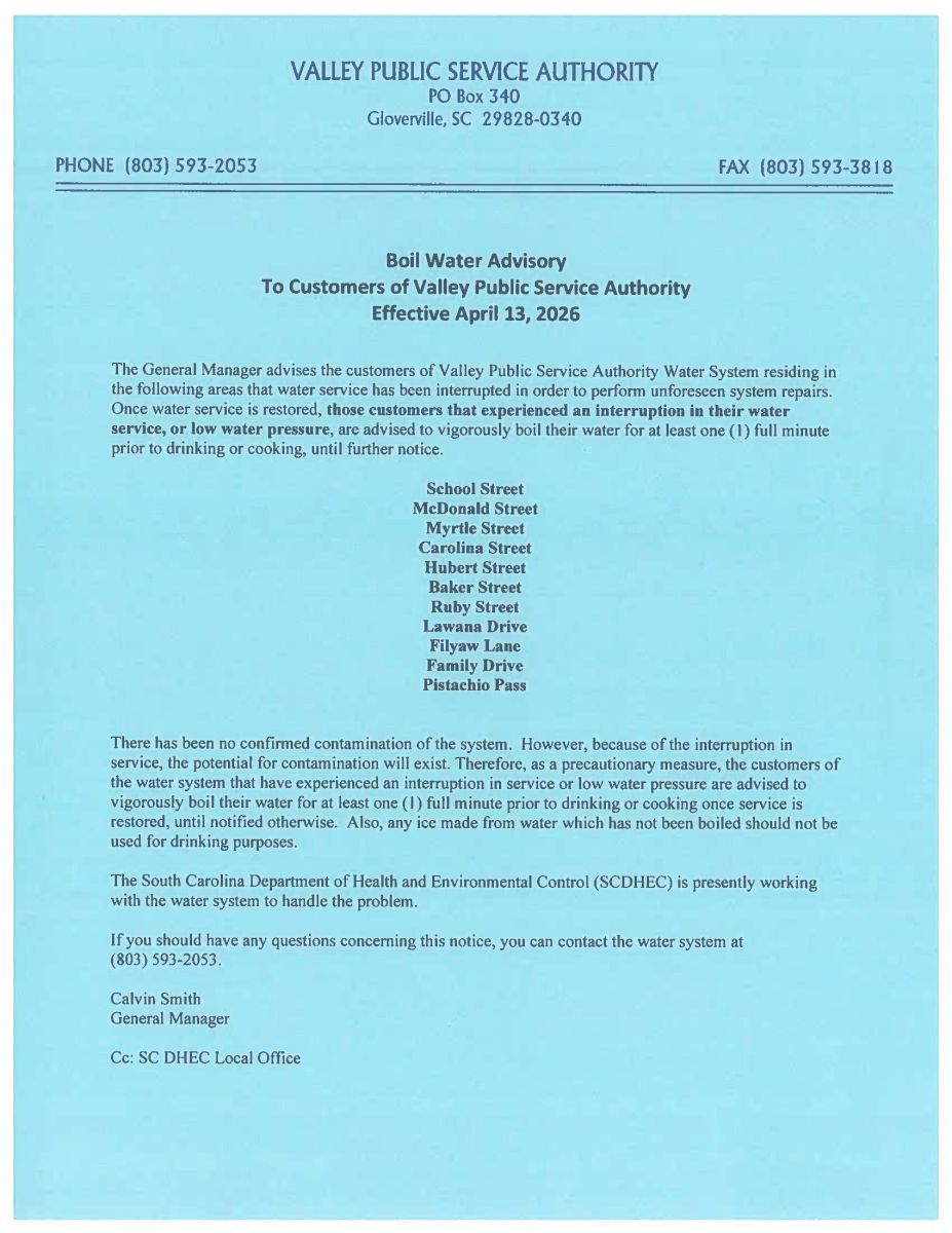 BOIL WATER ADVISORY APRIL 13 2026