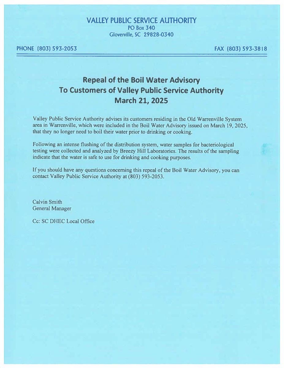 BOIL WATER REPEAL MARCH 21 2025