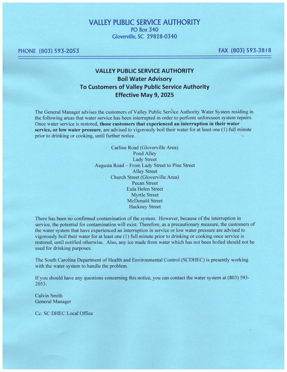 BOIL WATER ADVISORY MAY 9 2025