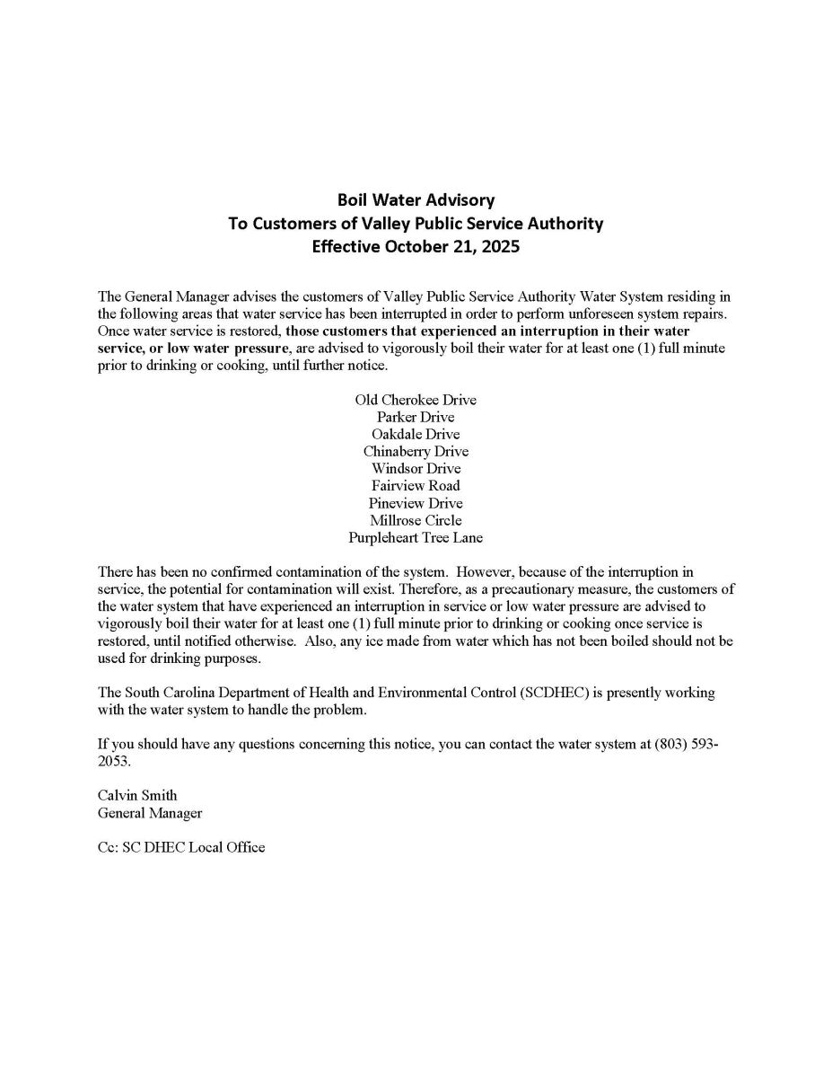 BOIL WATER ADVISORY OCT 21 2025