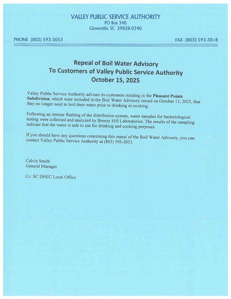 BOIL WATER REPEAL OCT 15 2025